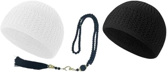 Namaz Cotton Topi, Knit Kufi Hat Skull Caps for Men Women Muslim Breathable Ramadan Beanie, Tasbih 100 Prayer Beads