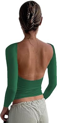 Womens Backless T-Shirts Y2K Crop Top Solid Casual Long Sleeve Sexy Vintage Cut Out 2023 Summer Fashion