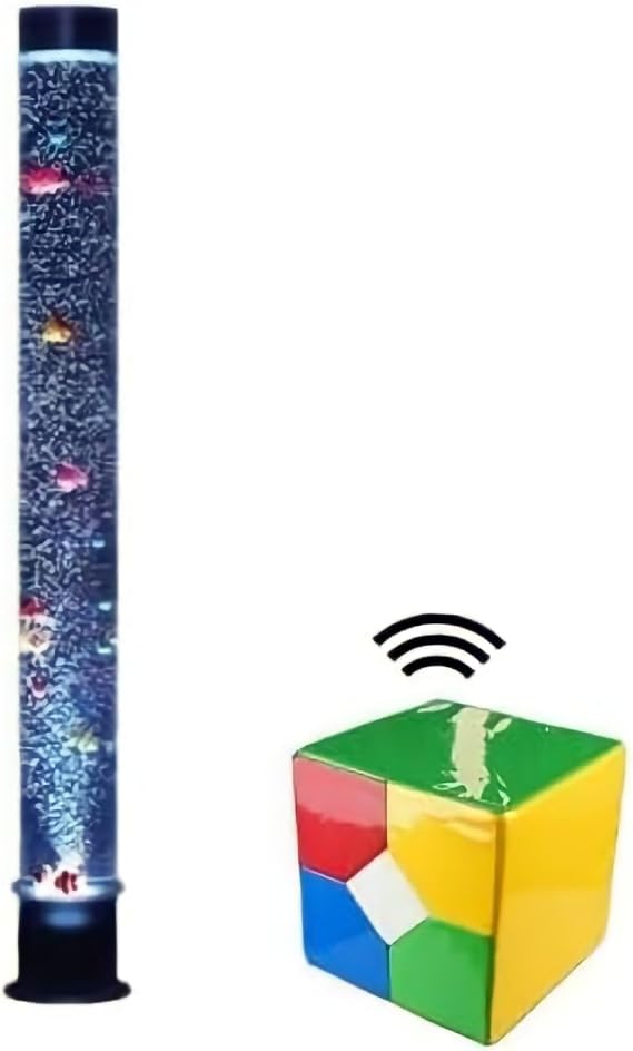 Playlearn Sensory LED Bubble Tube With Remote Cube Controller & 10 Plastic Fish - 120cm Colour Changing Floor Standing Fish Bubble Lamp - Perfect For Waiting Room & Kid's Sensory Room
