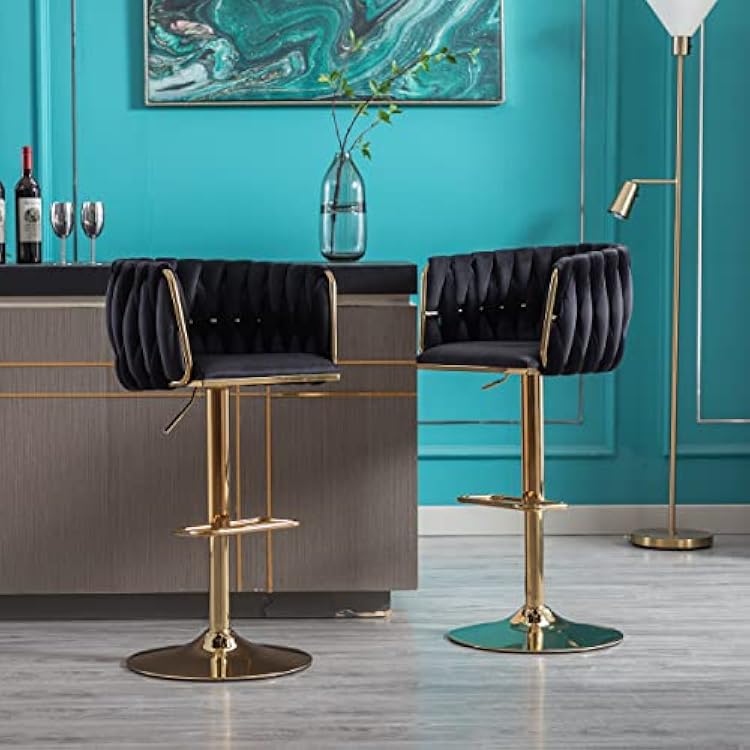 Set of 2 Velvet Bar Stools,Swivel Modern Counter Height Soft Twist-Woven with Footrest Adjustable Mechanical Lifting for Home, Kitchen Island,Bar,Club,Pub Black