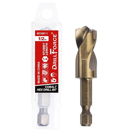 1/2" M35 Cobalt Stubby Drill Bit for Stainless Steel, Hard Metals & Cast Iron, with 1/4" Hex Shank for Quick Chucks & Impact Drivers