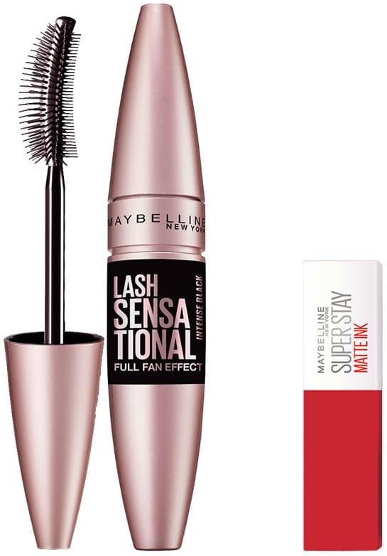 Maybelline New York Lash Sensational Yelpaze Etkili Intense Black Maskara - Ekstra Siyah 9.5 ml & Mini Super Stay Matte Ink Likit Mat Ruj 20 Pioneer Makyaj Seti