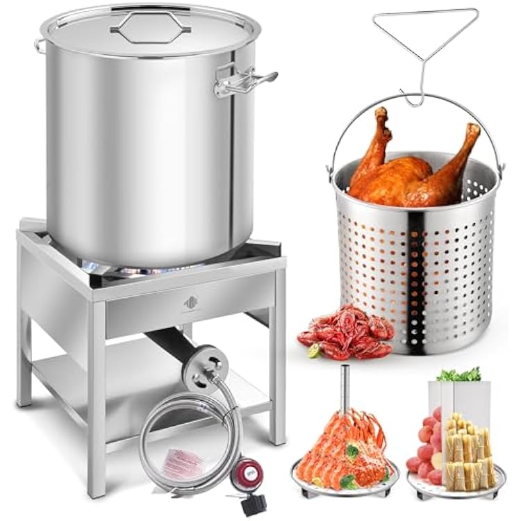 ARC 64QT Stainless Steel Seafood Boiling Kit, 200,000BTU Propane Burner And Crawfish Boil Pot wBasket and Steamer Rack, For Outdoors Cooking and Steaming, Large Turkey Fryer Pot, Lobster Shrimp Pot
