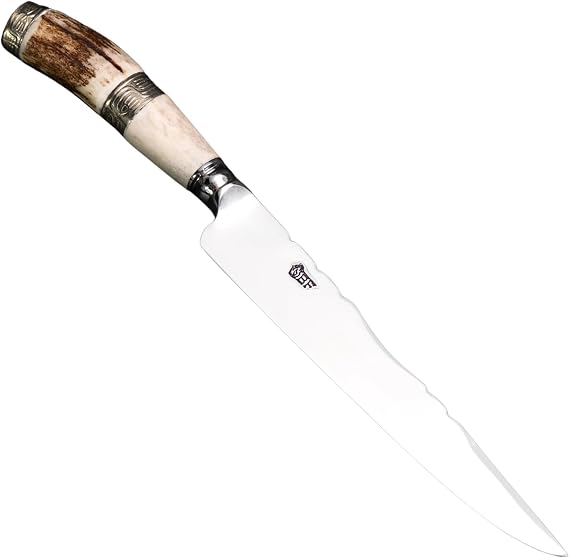 Brazilian Flame Gaucho Steakhouse Knife Forged Stainless Steel Blade, Stag Horn Handle with Alpaca Accents, Handcrafted Artisan Knife with Leather Sheath, Fogo De Chao Brazilian Steakhouse