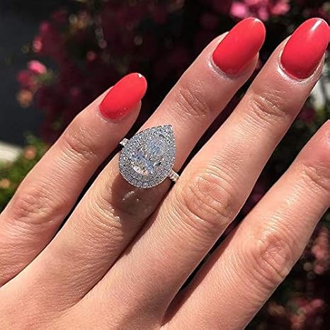 ChenFeng Sterling Silver Simulated Pear-Shaped CZ Halo Engagement Ring with Side Stones Promise Bridal Ring (6)