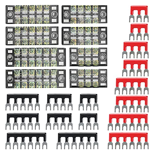 OCR 8 Sets Terminal Blocks, 8 Pcs 3456 Positions 600V 15A Dual Row Screw Terminal Strip Blocks with Cover, 16 Pcs 600V 15A 3456 Positions Pre-Insulated Terminals Barrier Strip Black & Red