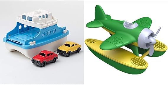 Green Toys Ferry Boat with Mini Cars Bathtub Toy, Blue/White & Seaplane, Green