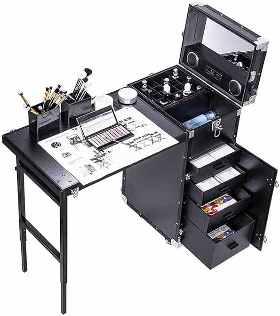 Rolling Manicure Table, Mobile Nail Tech Workstation with 4 Wheels, Makeup Train Case w/Mirror, Manicure Desk for Salon, Nail Salons, Makeup Rooms (Black)