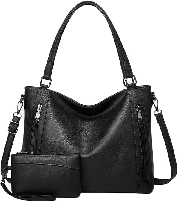 2pcs Women Hobo Handbag and Purse Satchel Set Faux Leather Zipper Shoulder Bag Clutch Wallet