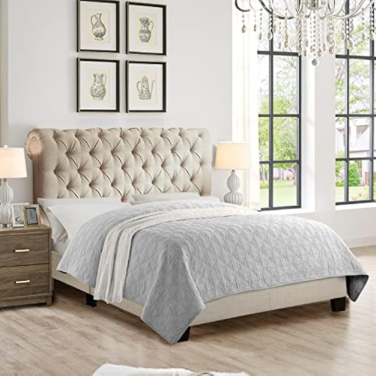 Rosevera Gideon Bed FrameFabric Upholstered Bed Frame with Adjustable HeadboardChesterfield-StyledWood Slat SupportEasy Assembly,Queen, Natural Beige
