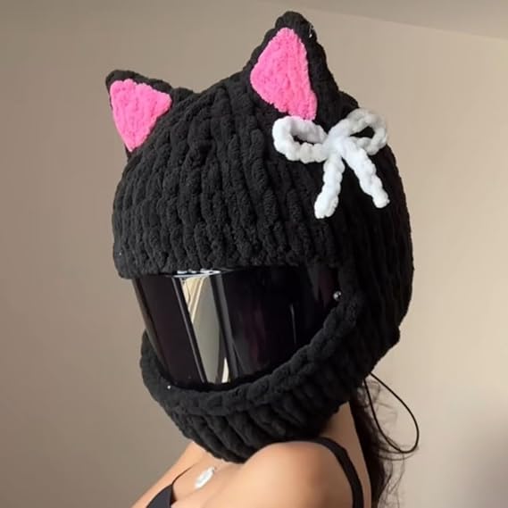 Cute Cycling Full Motorcycle Cat Ears Helmet Cover with Bowknot, Fluffy Plush Bike Gear Helmets Protective Case, for Christmas Fun Gifts, Fits Most Full Face Moto Helmet Rider