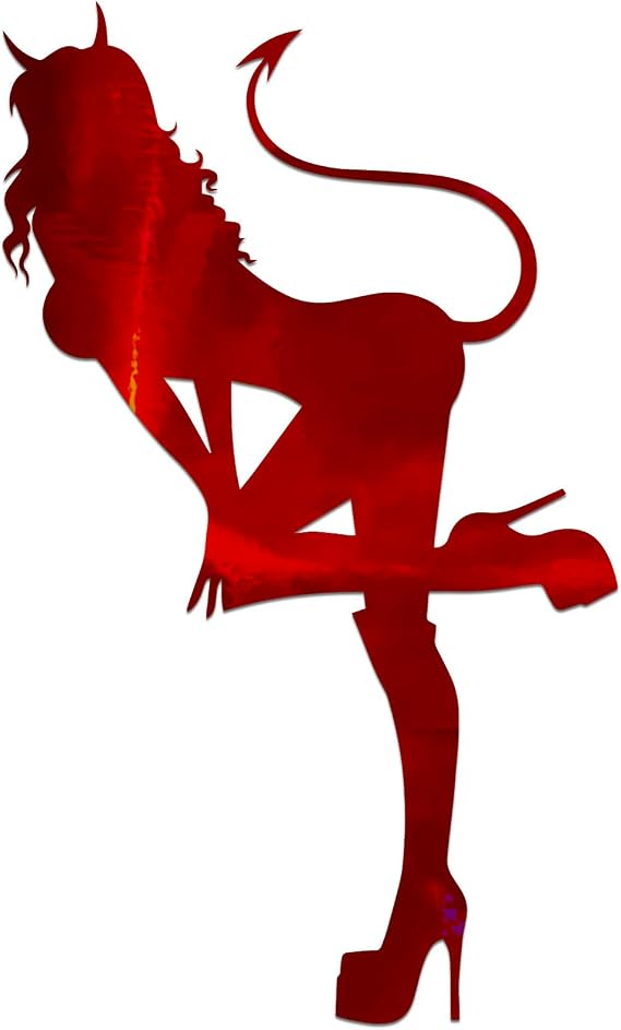 Sexy Devil Girl Bending Over Heels Tail Horns 8" Vinyl Sticker Car Decal (8" Red Holographic)