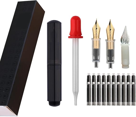 Majohn Wancai Mini Fountain Pen Pocket-Size Travel Pen Iridium Fine Nib Fountain Pen with 3 Pen Nibs, Short Size Eyedropper and 20 Black Ink Cartridges - Black