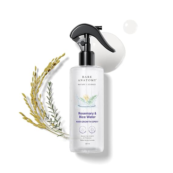 Bare Anatomy Nature x Science Rosemary Water Spray for Hair Growth & Hair Thickness with Rice Water |100% Natural Extract | Soft & Smooth Hair| Controls Hairfall| Non-Greasy & Fast Absorbing | 200ml