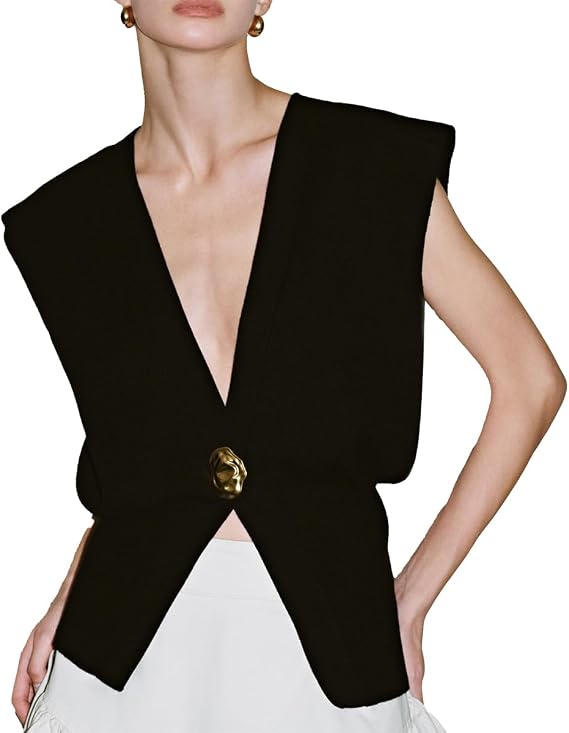 URBAN REVIVO Women's Sweater Vest Sleeveless V-Neck Knit Tops Lightweight with Gold Leaf Button Down Cardigans