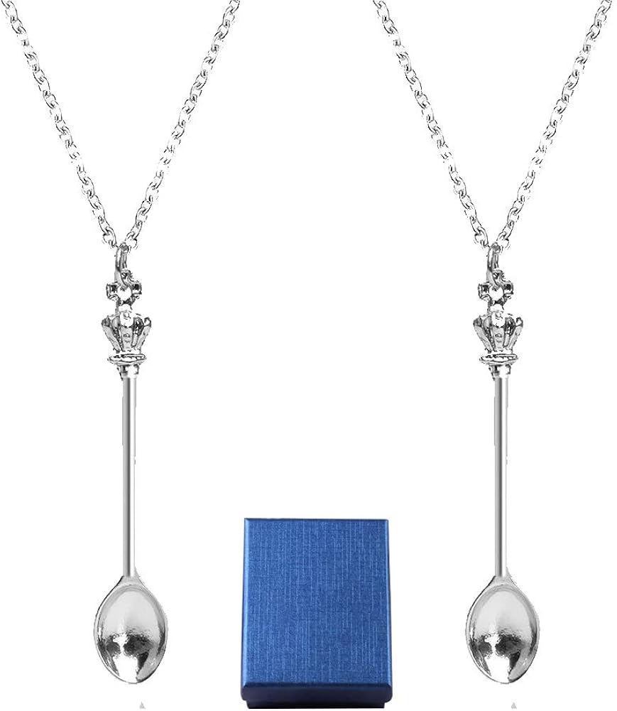 Zngou 2PCS Silver Mini Spoon Necklace Long Chain Vintage Hidden Ket Necklace Tiny Ibiza Little Spoon Pendant Scoop Charm Set Antique Jewelry Accessory with Gift Box for Women Girl Party Favor