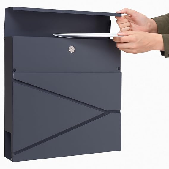 Assorted Collections Wall Mounted Post Box with Newspaper Holder, Lockable with 2 Keys, Modern Design, Easy to Install, 37x10.5x37 cm (Grey)
