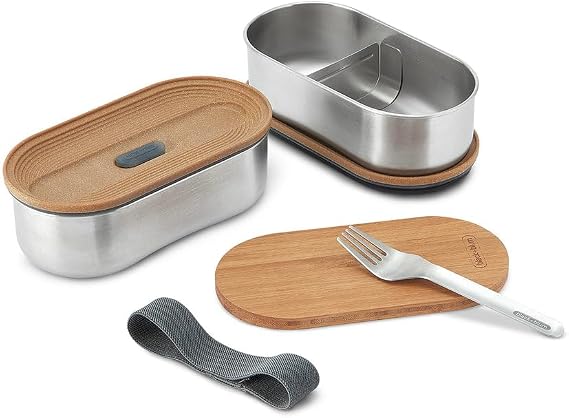 BLACK + BLUM Stainless Steel Bento Box | Plastic Free, Leak-Proof, 2-Compartment Lunch Box with Travel Fork and Bamboo Chopping Board Lid for Packing Healthy and Delicious Food | 34 oz / 1000 ml | Leakproof, Bamboo Chopping Board Lid and Fork, Dishwasher & Freezer Safe, Lightweight, Meal Prep, Work Lunches & Picnics