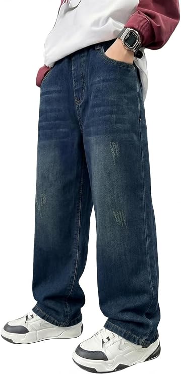JiAmy Boys' Baggy Jeans, Wide Leg Cargo Pants, Elastic Waist 7-15Y