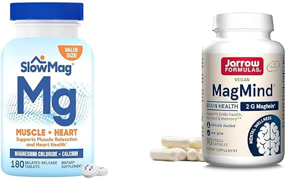 SlowMag Muscle + Heart Magnesium Chloride with Calcium Supplement to Support Muscle Relaxation & Jarrow Formulas MagMind Brain Health with Magtein (Magnesium L-Threonate), Dietary Supplement