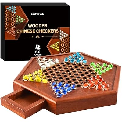 12.7 Inches Wooden Chinese Checkers Set with Storage Drawer -60 Glass Marbles in 6 Colors -12 Bonus Spare Marbles| Chinese Checkers Board Game for Kids and Adult