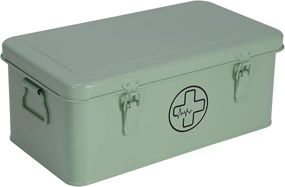 First Aid Medicine Box, First Aid Kit Supplies Bin, Metal Medicine Storage Tin, First Aid Empty Box with Safety Lock for Home Emergency Tool Set-Green