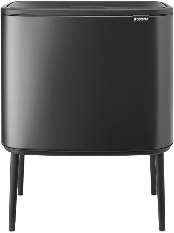 Brabantia Bo Touch Top Kitchen Trash Can with Single Compartment & Raised Legs | Confident Gray | 9.5 Gal Inner Bucket | Soft-Close Garbage Can, Stay-Open Lid | Fits Against Wall | + Trash Bags