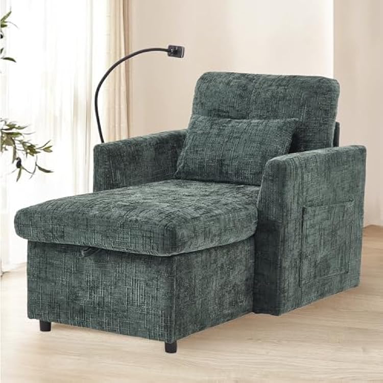 HOMEFUN Sleeper Chair Bed, Lazy-Friendly Indoor Chaise Lounge with Storage, Cell Phone Bracket, Multifunctional Sofa for Bedroom, Living Room, Small Space, Adults