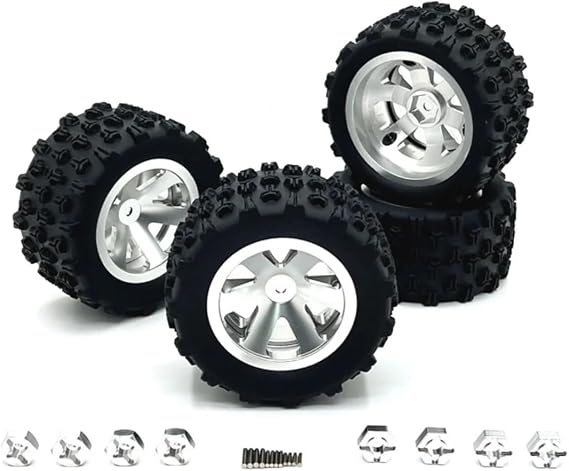 4Packs Metal Upgraded Clamp Wheel Hub Tires for Hyper Go H16BM H16GT H16DR H16PL H14BM RC Car Parts, 12mm Hex 84mm (3.3") Tires for Wltoys Hyper Go SCY 1/12 1/14 1/16 RC Car (Silver)