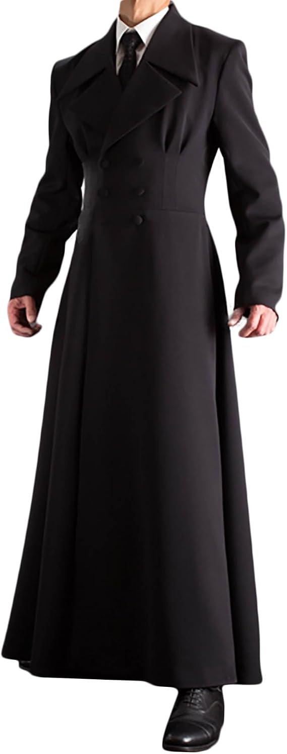 Men's Double Breasted Trench Coat, Slim Fit, Notched Lapel, Ankle Length, Black, Lined