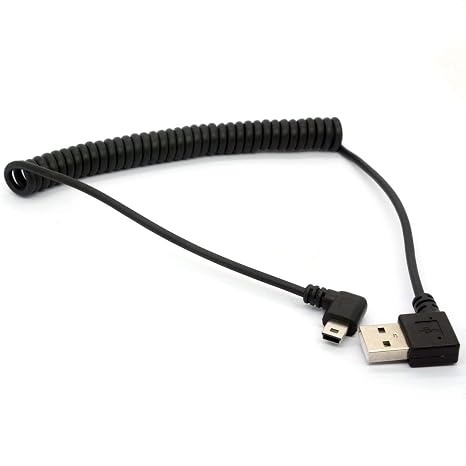 Coiled Mini USB Cable, 90 Degree Spring USB 2.0 to Mini USB Cable Cord, Right Angle Charging and Sygn Mini USB Adapter Lead 1.5meter