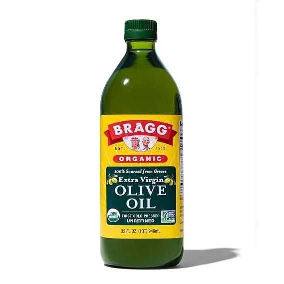 Bragg Organic Extra Virgin Olive Oil - 32 fl oz - Cold-Pressed Sourced from Organic Greek Koroneiki Olives - Non-GMO, Kosher