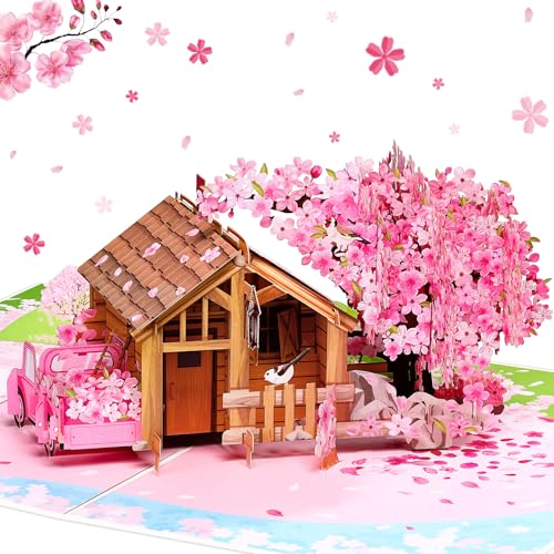 Teling Cherry Blossom Card Pop up Women Mother Birthday Anniversary 3D Flower Greeting Card for Her Mom Wife Girlfriend Gift with Envelope and Note Tag Valentines 9 x 6.3
