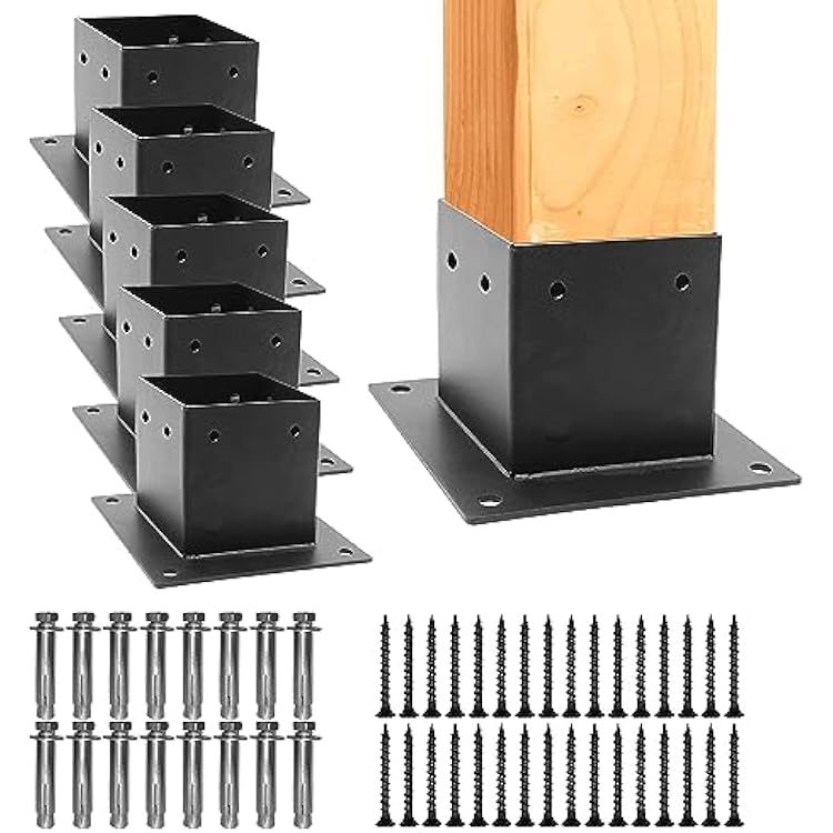 Zlinke 6 PCS Metal 44 Post Base,Inner Size 3.5x3.5 Post Base Brackets Heavy Duty Powder-Coated Post Anchor Matte Black Wood Post Brackets Black 6pcs