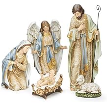 Roman Joseph's Studio, 5-Pc 21.75" H Gold Adorned Holy Family with Angel and Lamb Nativity Set, Religious Christmas Decor