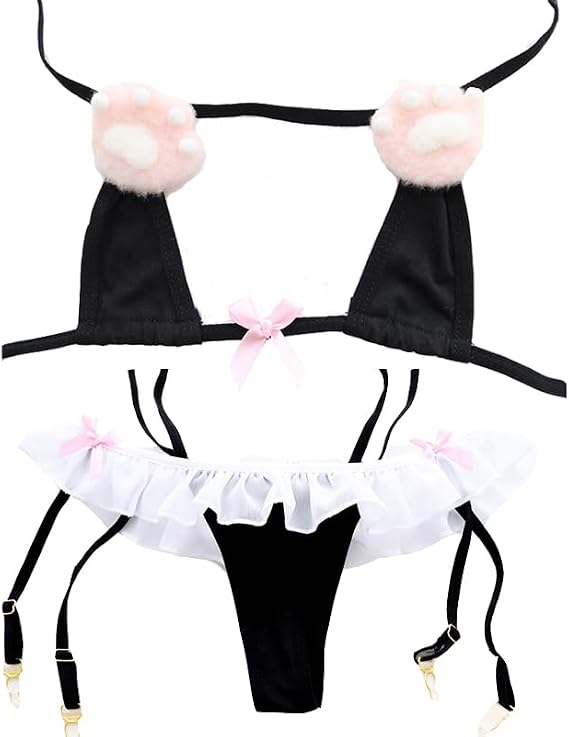 ZYTC Womens Cosplay Lingerie Set Kawaii Lingerie Cute Anime Cat Kitten Bikini Plush Cat Paw Bra and Lace Panty Micro Bikini
