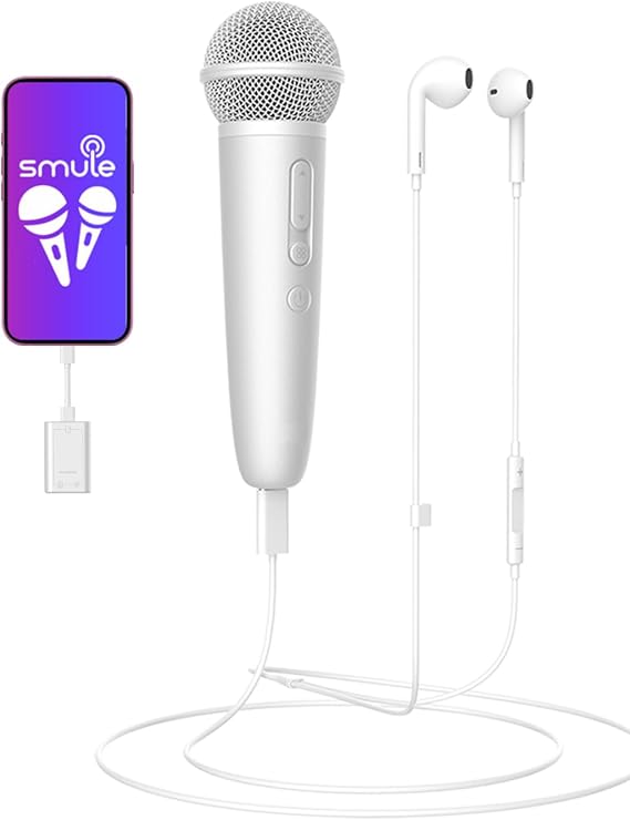 Singing Microphone with Earphone, Ideal for Vocal Recording, Podcasting, Live Streaming, Gaming, Compatible with Smule & Starmaker & Stingray, USB-C Dongle & Lightning Adapter, White