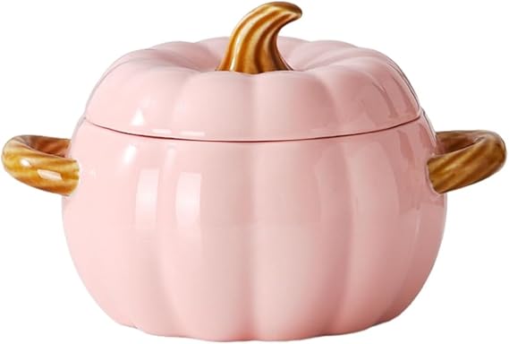 JUSTUP Dutch Pot with Lid, Pumpkin Shaped Ceramic Dessert Bowl, Cute Pumpkin Bowl, Pumpkin Shaped Clay Pot Safe for Microwave and Dishwasher, Ideal Kitchen Decoration and Gift for Halloween (Pink)