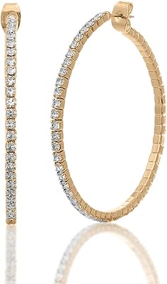 Earrings for Women Rhinestone Hoop Earrings - Silver & Gold Plated Sparkling Genuine Crystals 1.5 Hoops - Bridal, Wedding, Prom, Party, Pageant, Evening Wear, Urban, Casual - Gift Box Included