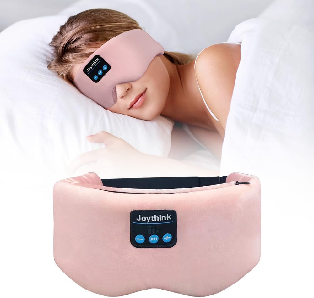 Joythink Sleep Mask Headphones Silk Wireless Bluetooth Headband Eye Mask for Side Sleepers Blackout for Airplane Travel Men Women Pink