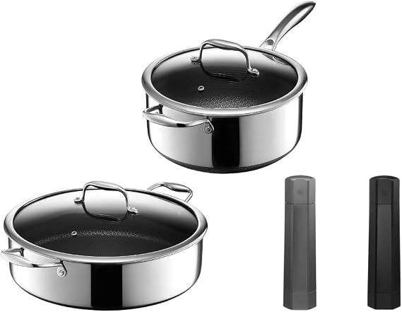 HexClad Hybrid Nonstick 6-Piece Cookware Set, 5Qt Saucepan with Lid, 7Qt Chicken Fryer with Lid, and Salt and Pepper Grinder Set, Stay-Cool Handles, Dishwasher and Oven-Safe, Induction Ready, Compatib