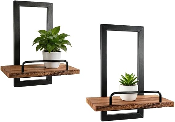 Metal Floating Shelves for Wall, Plant Shelves with Guardrail, Rustic Wood Hanging Display Rack for Bathroom Bedroom Living Room Kitchen Office Space Saving 2 Pack