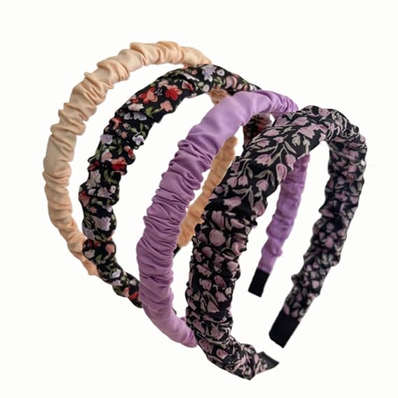 Cute Headbands for Women Girls Colorful Fashion Ruched Headband Solid Color Hair Hoops Floral Headbands Set (4Colors D, One size fits most)
