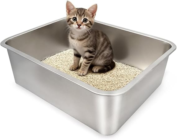 Stainless Steel Cat Litter Box, (17.7" x 13.7" x 4") Metal Litter Box for Kitty and Rabbits, No Odor Left & Non Stick Surface, Rust & Stain Resistant, Easy to Clean