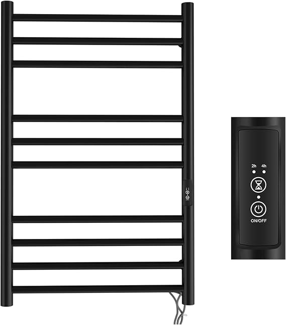 Electric Towel Warmer Rack, Wall Mount 10-Bar Horizontal Round, Matte Black Finish