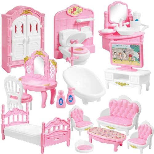 20 Pieces Doll House Furniture and Accessories Set Dollhouse Furniture Set Mini Dollhouse Furniture 1 12 Scale Bedroom Living Room Bathroom Furniture Accessories Pink