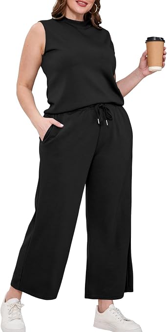Two Piece Sets for Women Summer Outfits Lounge Sets Mock Neck Tops Wide Leg Crop Pants Vacation Travel Outfits