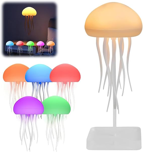 Jellyfish Lamp,LED Gradient Swimming Jellyfish Atmosphere Night Light,Cute Jellyfish Night Light Bedside Lamp Voice Control,with Dancing Legs and Changing Colors for Home (Suspension Type+base) [Energy Class A]