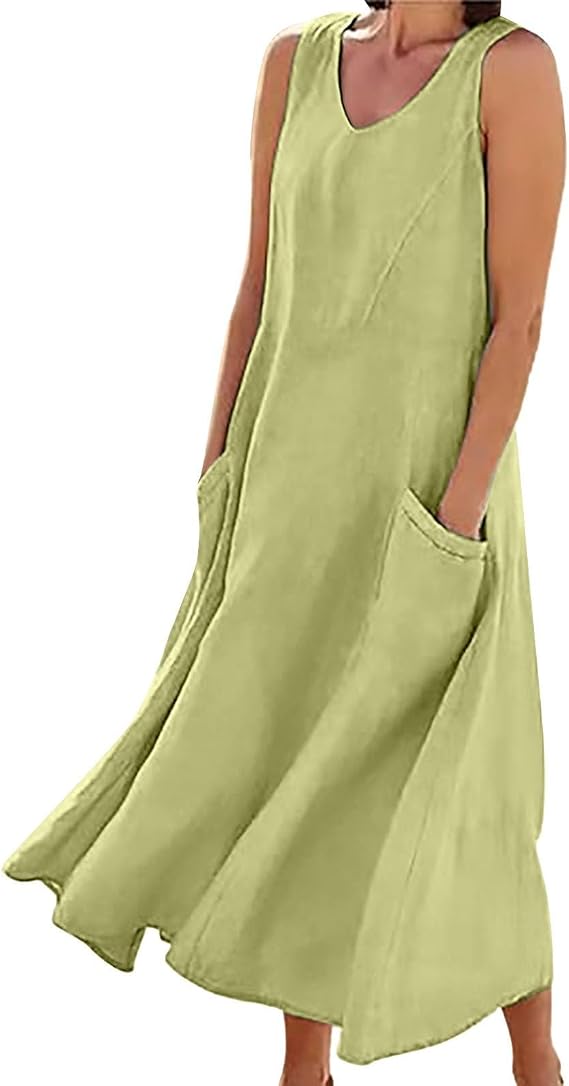 Women Casual Solid Dress Round V Neck Sleeveless Pocket Dress Splice Loose 2XL