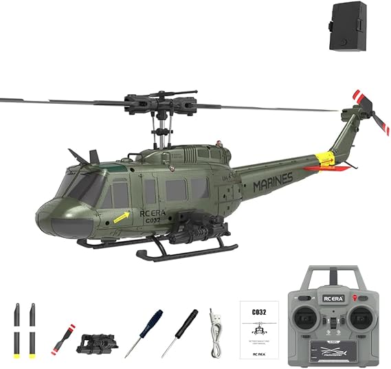 RC ERA C032 UH-1 Huey RC Helicopter for Adults, 1/48 Scale 6CH Remote Control Helicopter with 6-Axis Gyro, Altitude Hold & One-Key 3D Inverted Flight - Green,1 Battery